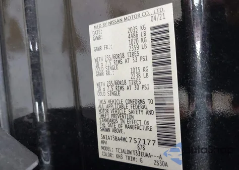 2021 Nissan Rogue Sv Fwd from USA, damaged, VIN 5N1AT3BA4MC757177